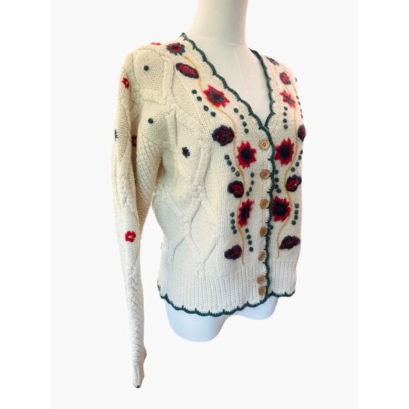 Alba Moda Wool Troylean VTG Floral Embroidered Cardigan Wood Buttons M Austrian - Picture 11 of 13